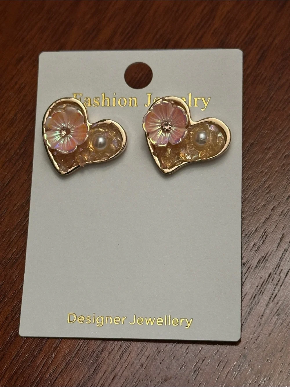 Fashion Jewelry Gold Heart Earrings with Pink Floral Accent